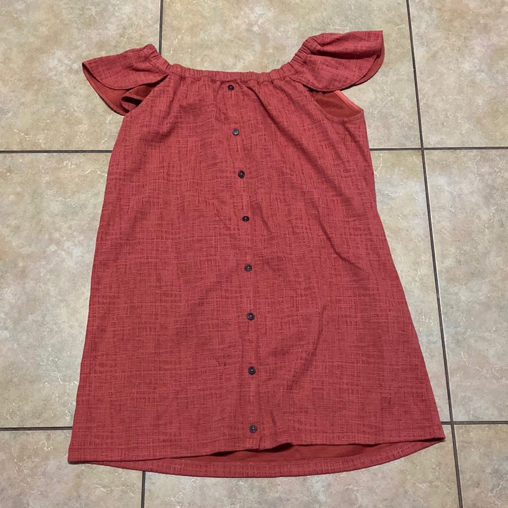 Rust colored off the shoulder Madewell dress